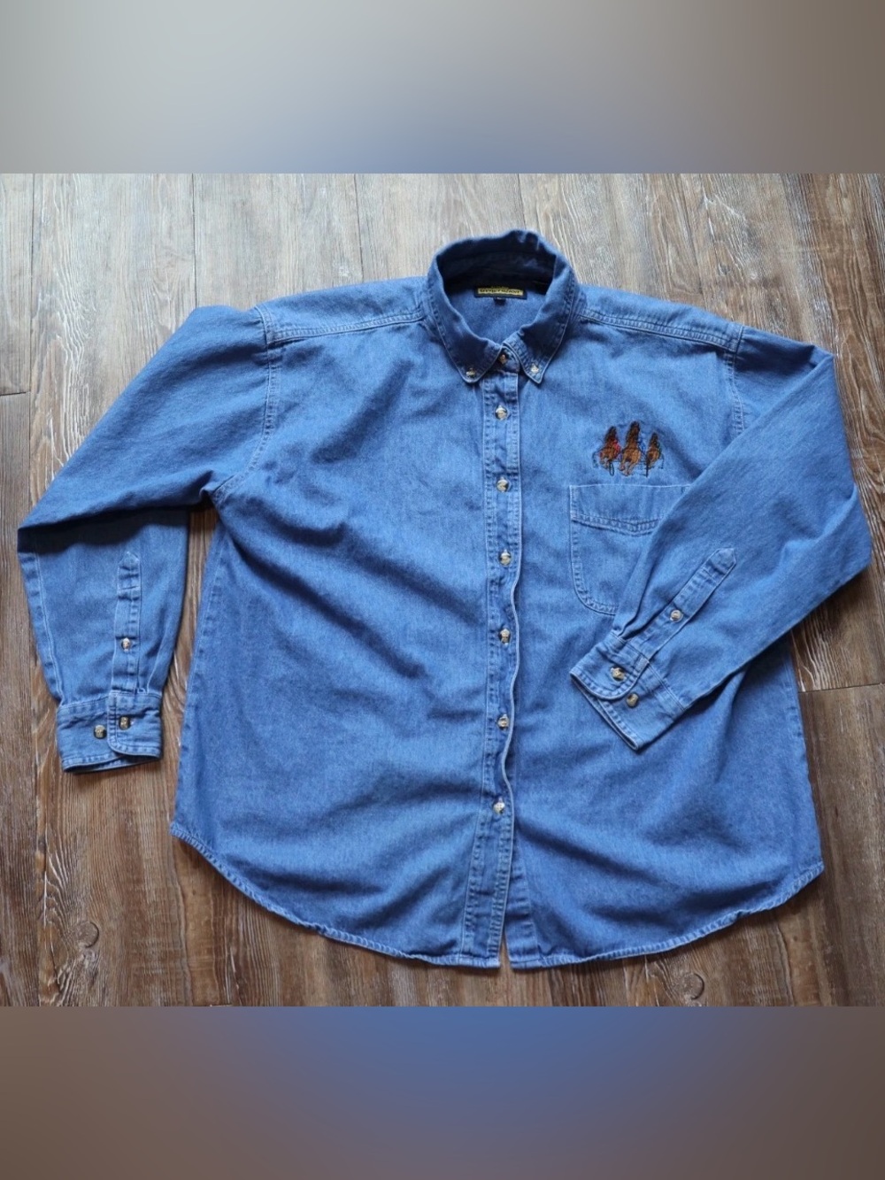 Blue Generation Womens Western Horse Embroidered Denim Button Down Shirt Large